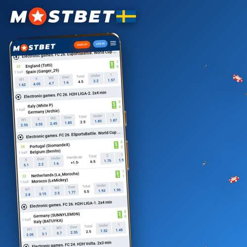 Mostbet app öppen på startskärmen med sport och kasino tillgängliga i menyn