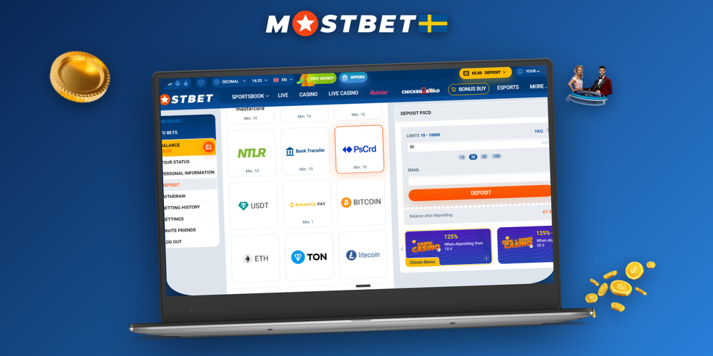 Mostbet insättningssida på desktop med betalmetoder och beloppsfält som visar 25 SEK